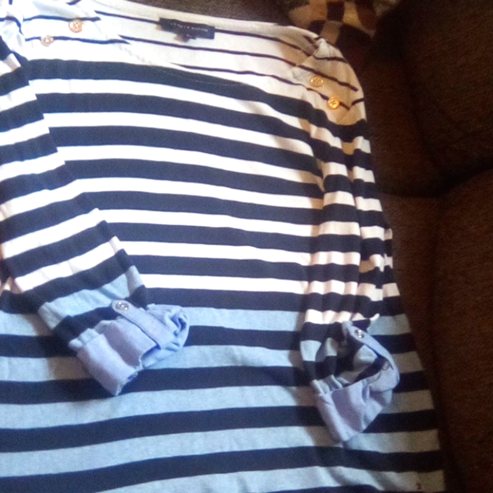 Tommy Hilfiger Navy Blue And Light Blue Ombre Striped Long Sleeve Top With Gold